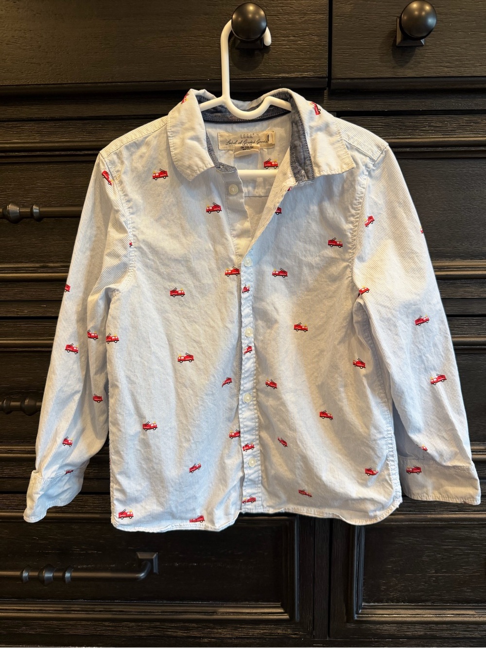 H&M Boys Blue and White Stripe Button-Down Shirt with Fire Trucks